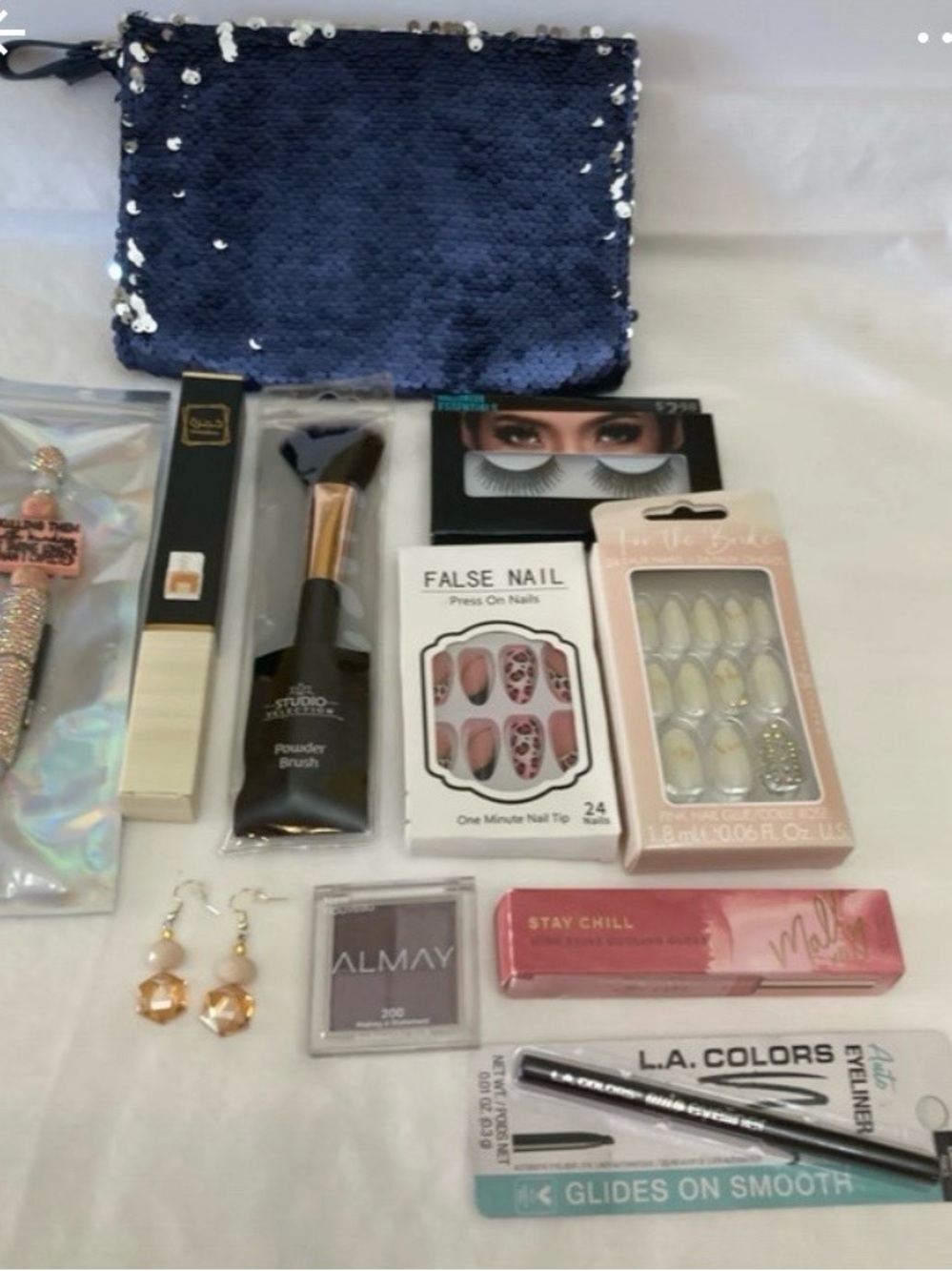 Sequin Navy Blue Makeup Pouch with Assorted Beauty Accessories